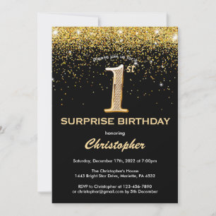 Convite Primeiro aniversario surpresa preto e brilhante Do