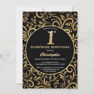 Convite Primeiro aniversario surpresa preto e Dourado flor