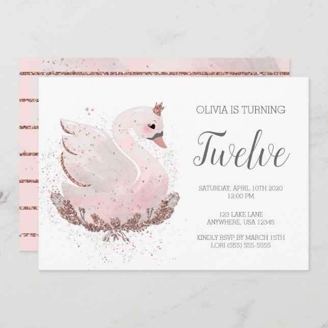 Convite Primeiro aniversario Swan | Brilho branco e Rosa D (Frente/Verso)