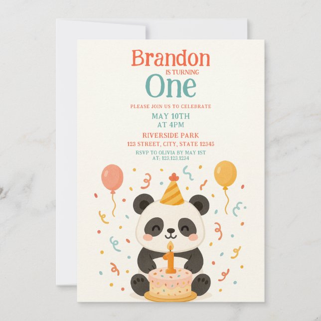 Convite Primeiro aniversario Teal & Orange Panda Cake e Ba (Frente)