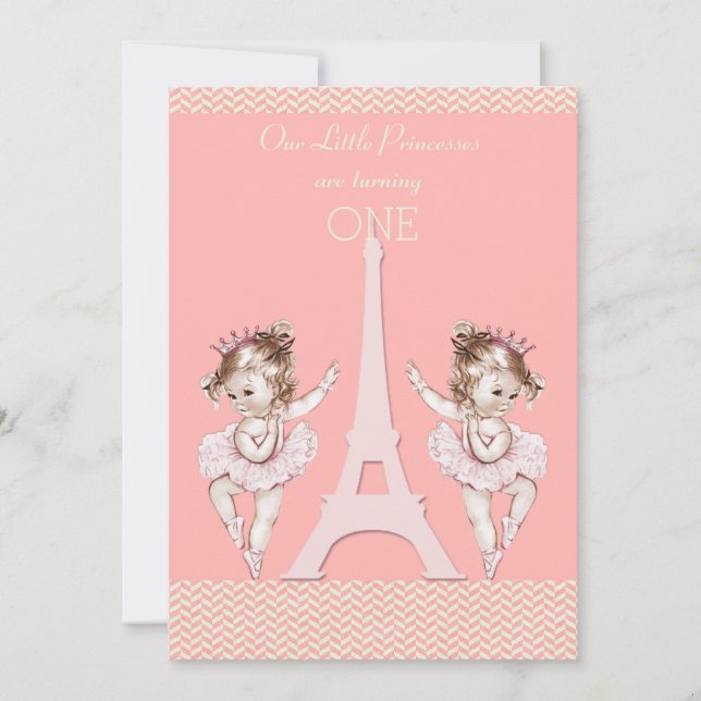 Convite Primeiro aniversario Twin Ballerinas Eiffel Tower  (Frente)