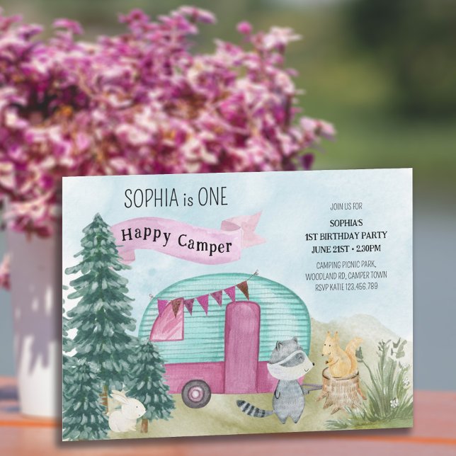 Convite primeiro aniversario Um Feliz Camper Woodland Cara (Criador carregado)