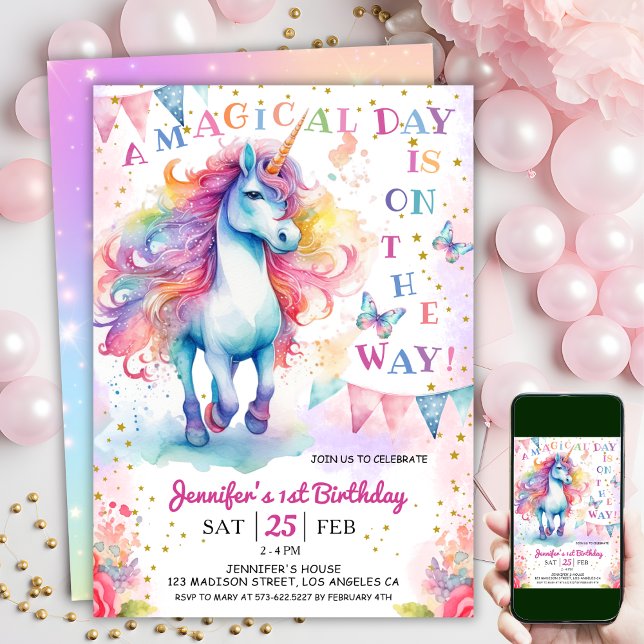 Convite Primeiro aniversario Unicorn Fada Fada Floral Arco (#UnicornBirthdayInvitation #UnicornBirthdayInvitationTemplate #UnicornBirthdayInvitationEditable 
)