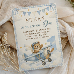 Convite Primeiro Aniversário Urso de Gingham Azul Avião