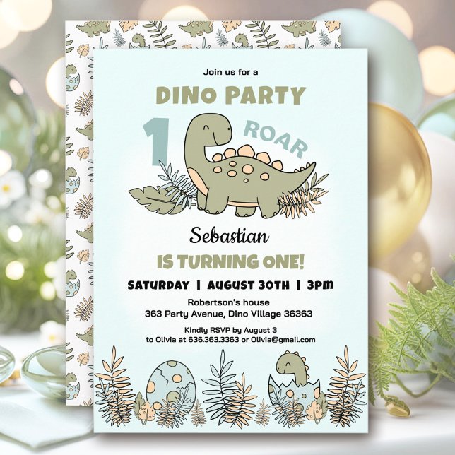 Convite Primeiro aniversario Verde Azul do Dinossauro (Cute Dinosaur Blue Green Boy 1st Birthday Invitation)