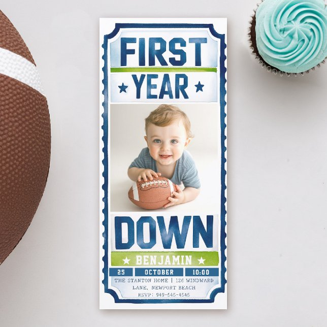 Convite Primeiro aniversario Verde Azul Fotografado de Ing (boy 1st birthday invitation photo football first year down sports ticket blue green game time)