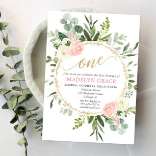 Convite primeiro aniversario verde de ouro elegante