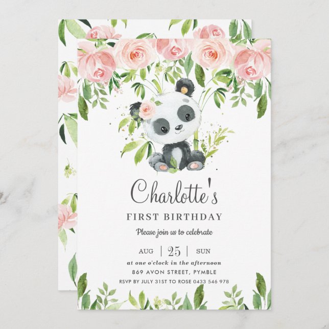 Convite Primeiro aniversario verde-verde-rosa-branca (Frente/Verso)