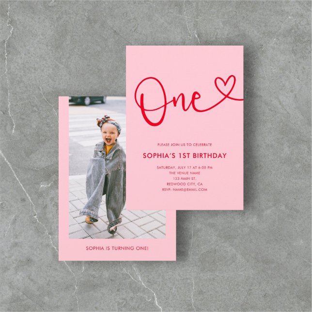 Convite Primeiro aniversario Vermelho Cor-de-Rosa Rosa com (Criador carregado)