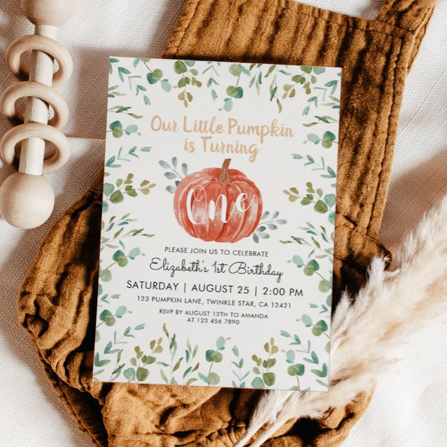 Convite primeiro aniversario Watercolor Pumpkin e Eucalypt (Criador carregado)