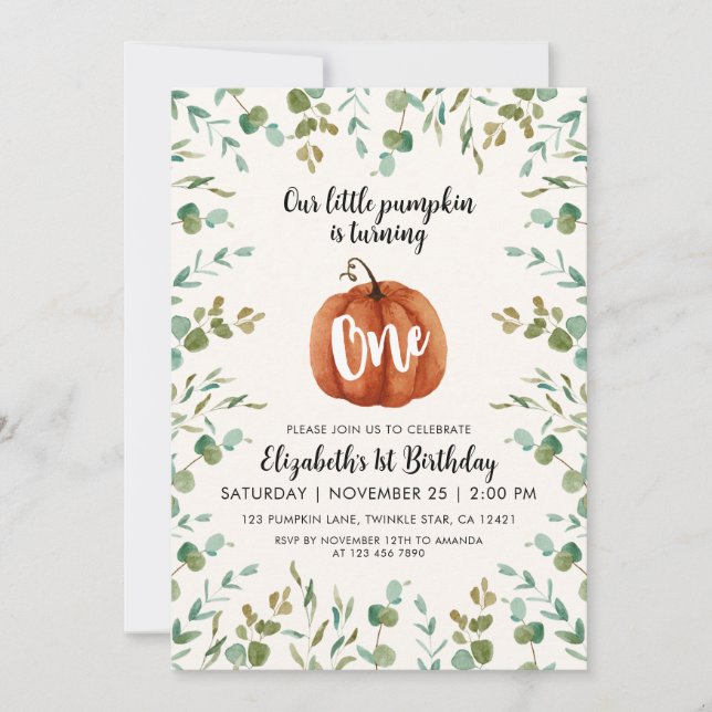 Convite primeiro aniversario Watercolor Pumpkin e Eucalypt (Frente)