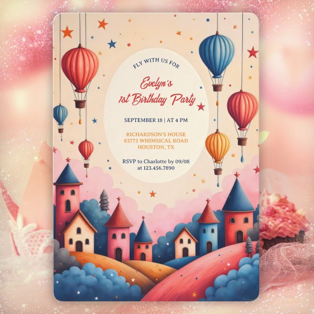 Convite Primeiro aniversario Whimsic Hot Air Balloon (Whimsical Hot Air Balloon 1st Birthday Party Invitation  Personalized Girl’s Party Invite)