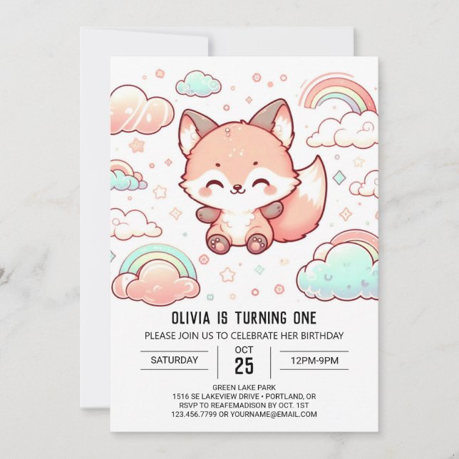 Convite Primeiro aniversario Whimsical Fox (Frente)