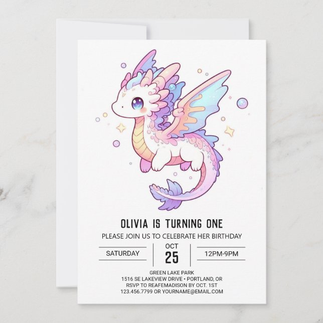 Convite Primeiro aniversario Whimsical Pastel Dragon (Frente)
