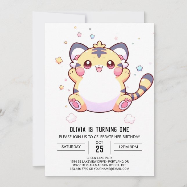 Convite Primeiro aniversario Whimsical Tiger (Frente)