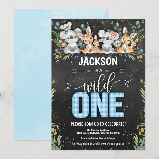 Convite Primeiro aniversario Wild One Koala & Kangaroo Gin (Frente/Verso)