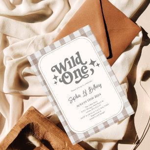 Convite Primeiro aniversario Wild One Neutral Gingham