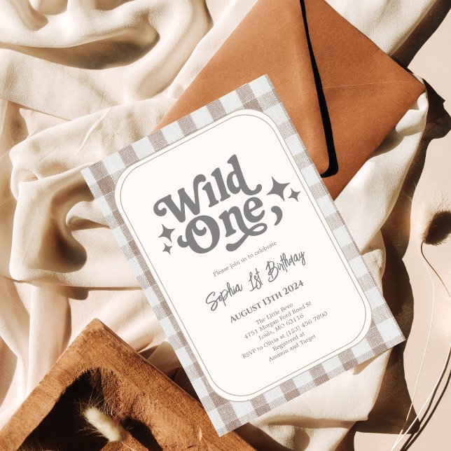 Convite Primeiro aniversario Wild One Neutral Gingham (Criador carregado)