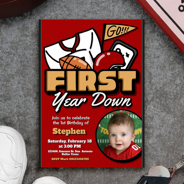 Convite Primeiro Ano Derrubado - Futebol com Foto (First Year Down - Football with Photo Picture Invitation)