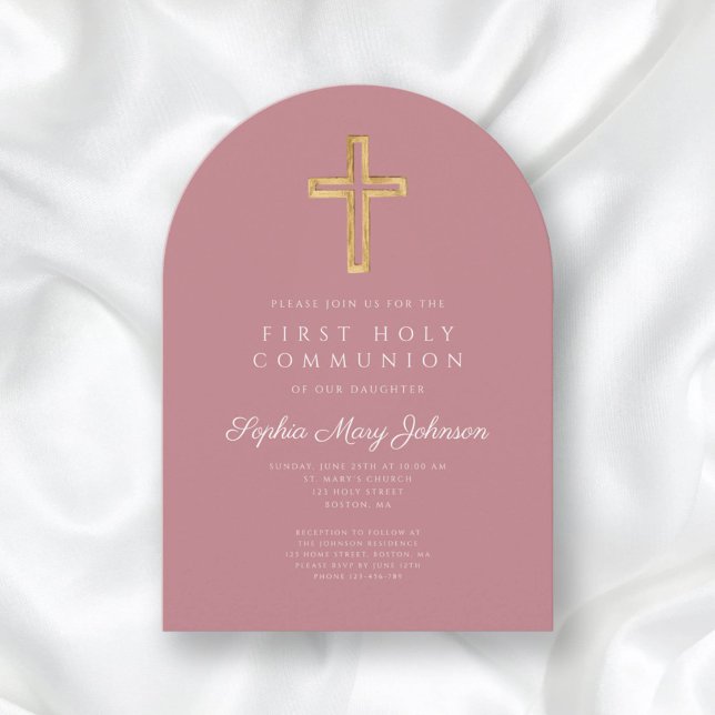 Convite Primeiro Arco Comunitário de Menina Religiosa Rosa (Elegant Pink Religious Girl First Communion Arch Invitation)