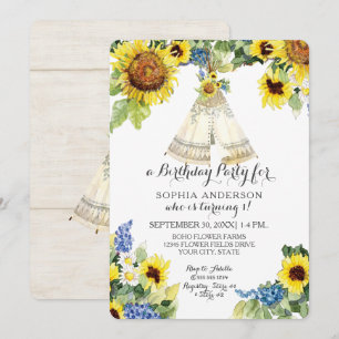 Convite Primeiro Aventura Boho Teepee Sunflower