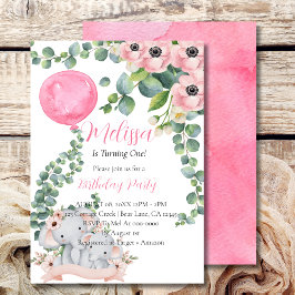 Convite Primeiro Balão Rosa de Aniversário - Elefante Euca