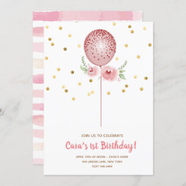 Convite Primeiro Balão Rosa e Dourado de Aniversário