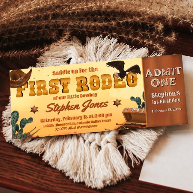 Convite Primeiro Bilhete Rodeo (First Rodeo -  Boy 1st Birthday Cowboy Ticket Invitation)
