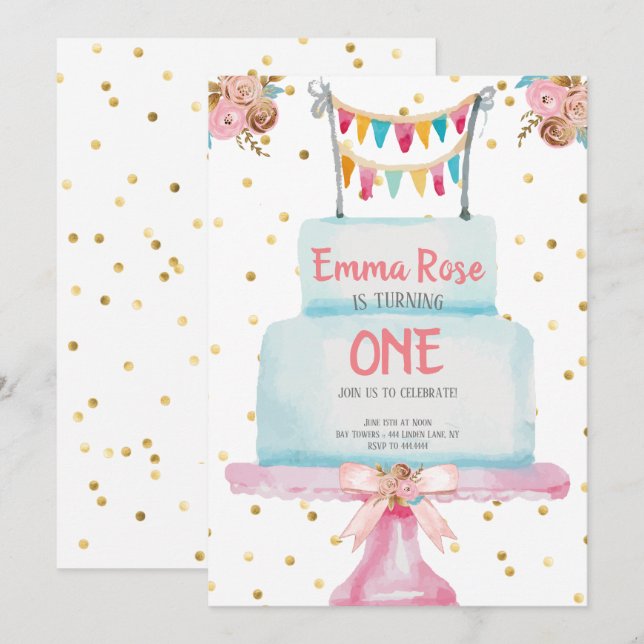 Convite Primeiro bolo da aguarela do aniversário (Frente/Verso)