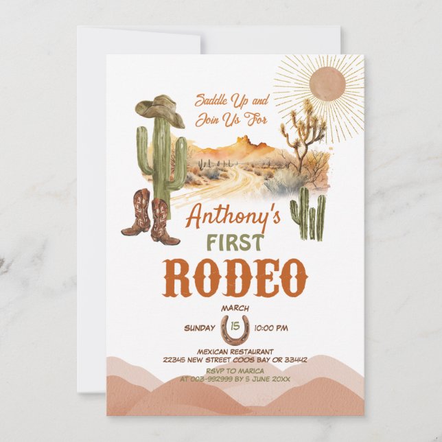 Convite Primeiro Chá de Bebê Rodeio Deserto Cowboy (Frente)