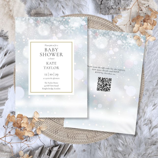 Convite Primeiro Chá de fraldas de código QR para flocos d (First Winter Snowflakes QR Code Baby Shower Invitation)
