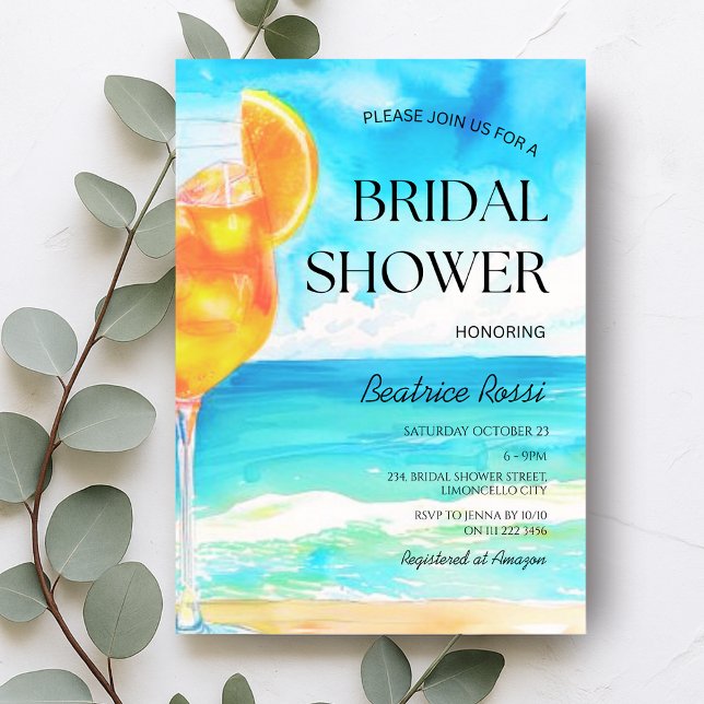 Convite Primeiro Chá de panela Spritz Amalfi Beach (First Spritz Amalfi Beach Cocktail Bridal Shower Invitation)
