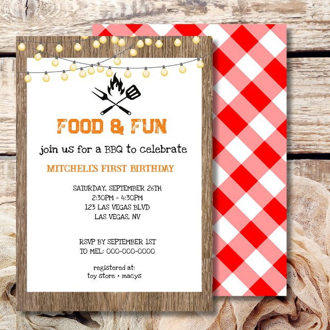 Convite Primeiro CHURRASCO de Aniversário Gingham Xadrez V (Criador carregado)
