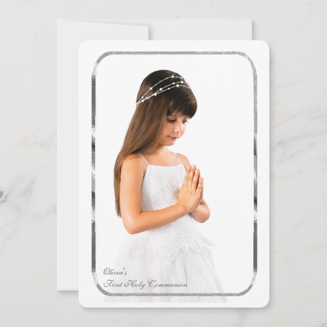Convite Primeiro comunhão da foto de prata fina do quadro (Frente)