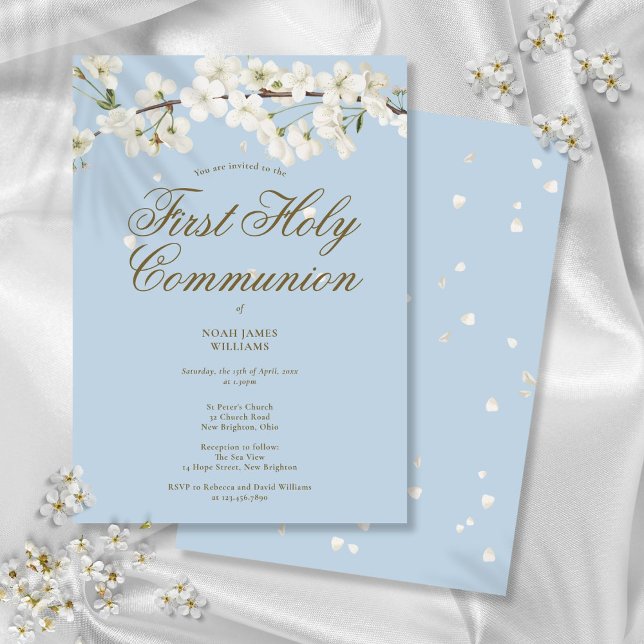 Convite Primeiro Flor Floral Elegante Flor de Comunhão Sag (First Holy Communion Blossom Floral Elegant Blue Invitation)