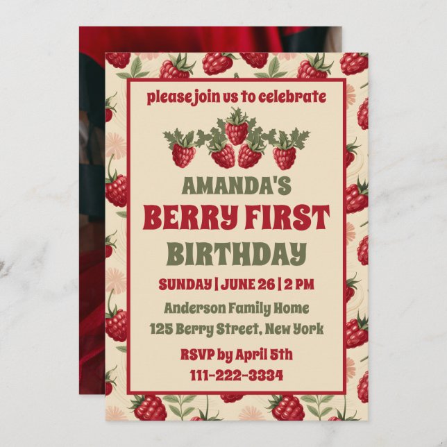 Convite Primeiro Foto do Partido Berry do primeiro anivers (Frente/Verso)