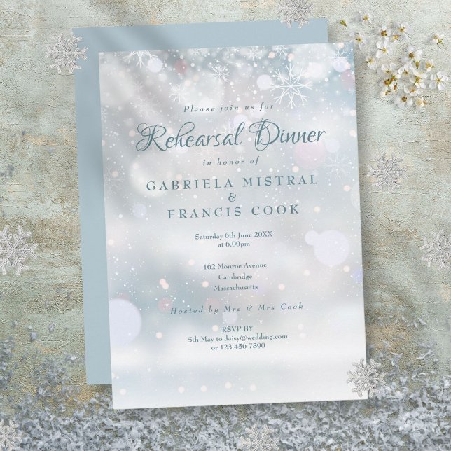 Convite Primeiro Janto de Ensaio de Casamento com Flocos d (First Snowflakes Wedding Rehearsal Dinner Invitation)