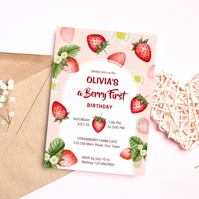 Convite Primeiro modelo de festa de aniversário de morango (Berry first whimsical cute strawberry birthday party invitation editable template instant download )