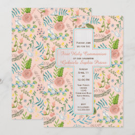 Convite Primeiro Padrão Floral de Comunhão Sagrado | Convi