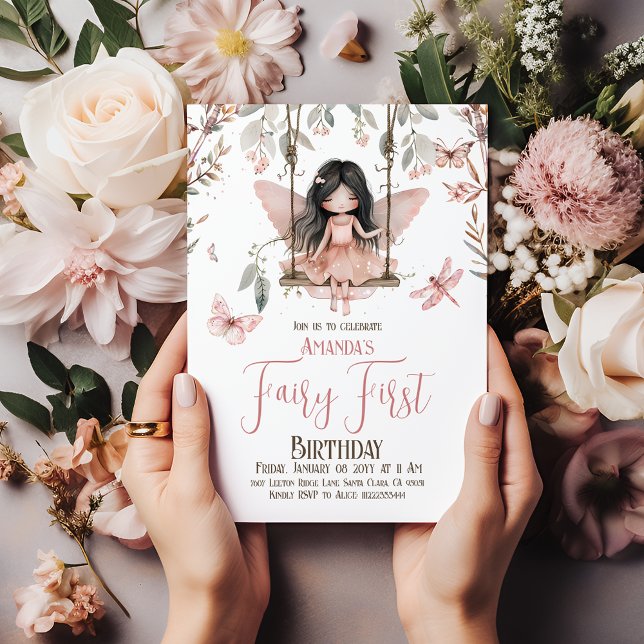 Convite Primeiro primeiro aniversario de fada rosa-fina en (Criador carregado)