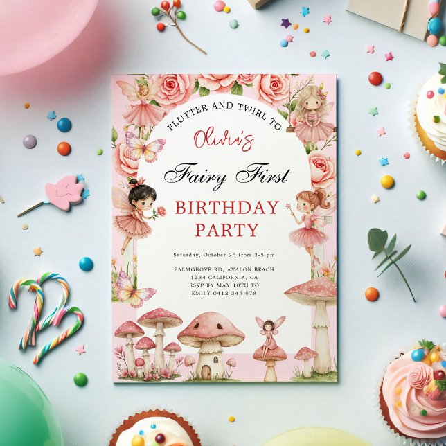 Convite Primeiro primeiro aniversario de Fadas Rosa de Jar (Magical Garden Pink Fairies First Birthday Invitation – Watercolor Floral 1st Birthday Party Invite)