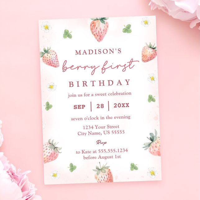 Convite Primeiro primeiro aniversario de morango (Criador carregado)