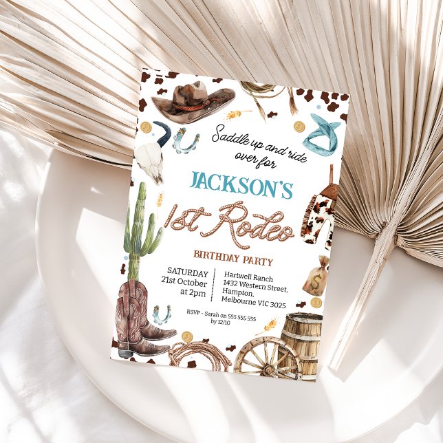 Convite Primeiro primeiro aniversario de Rodeio de Corda M (Boys First Rodeo Birthday Invitation, Wild West Cowboy 1st Birthday Invitation Boy, Rope Text,)