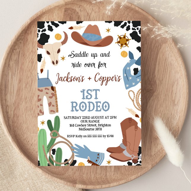 Convite Primeiro primeiro aniversario de Rodeio Marrom Azu (Blue Brown Twin Boys First Rodeo 1st Birthday Invitation Wild West Western Themed Birthday Twin Boys)