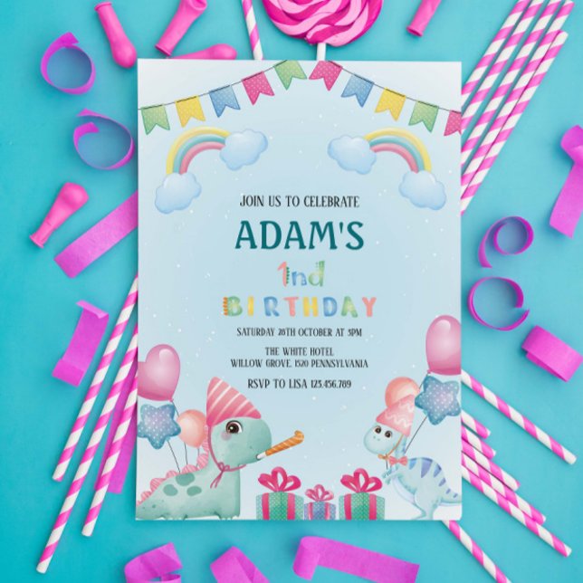 Convite Primeiro primeiro aniversario Rainbow & Green Dino (Criador carregado)
