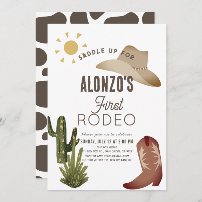 Convite Primeiro primeiro aniversario Rodeo Cowboy Ocident (Frente/Verso)