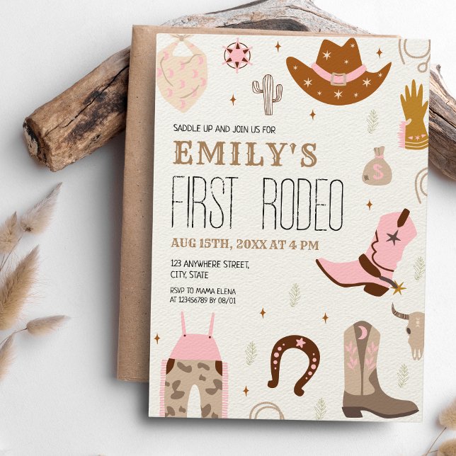 Convite Primeiro primeiro aniversario Rodeo Wild West Pink (First Rodeo - Pink Girl's 1st birthday)