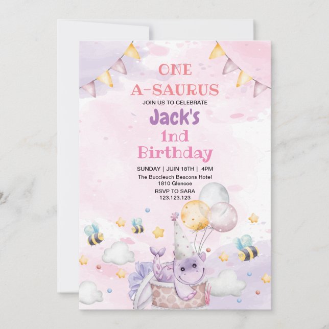 Convite Primeiro primeiro aniversario Roxo Dinossauro Aqua (Frente)