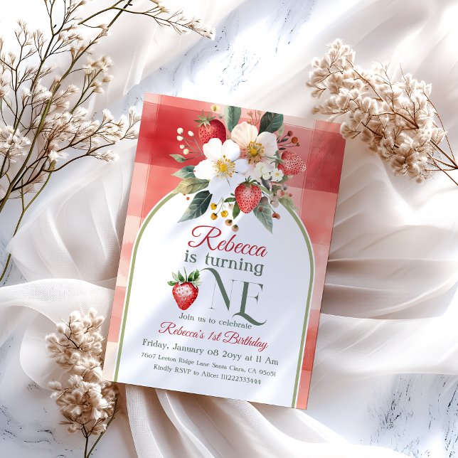 Convite Primeiro primeiro aniversario Rustic Red Strawberr (Criador carregado)
