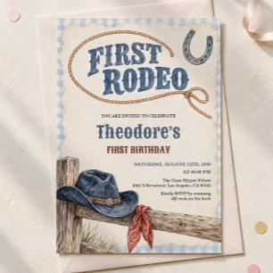 Convite Primeiro Rodeio Azul Xadrez Cowboy Primeiro Aniver